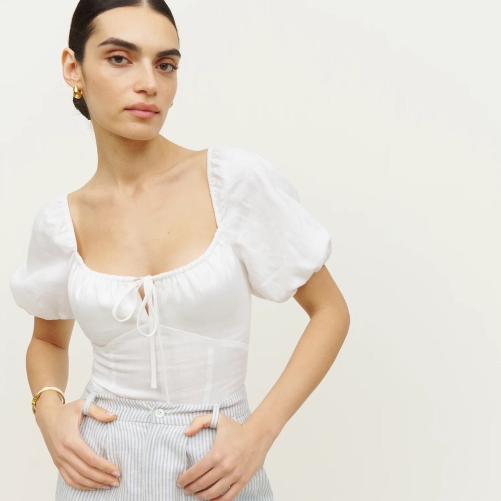 REFORMATION RORY PUFF SLEEVE LINEN TOP